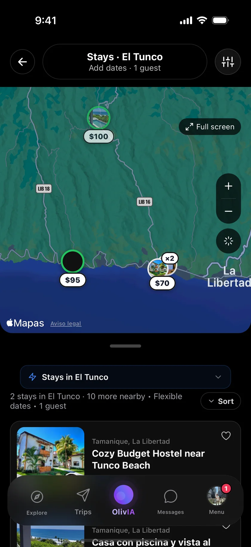 Map of stays in El Tunco with the nightly price on every pin and the results list