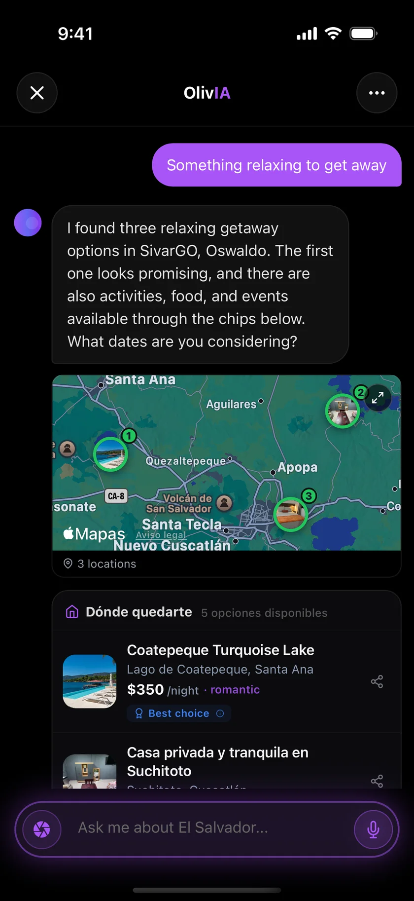 OlivIA answers with a map and real listings you can book
